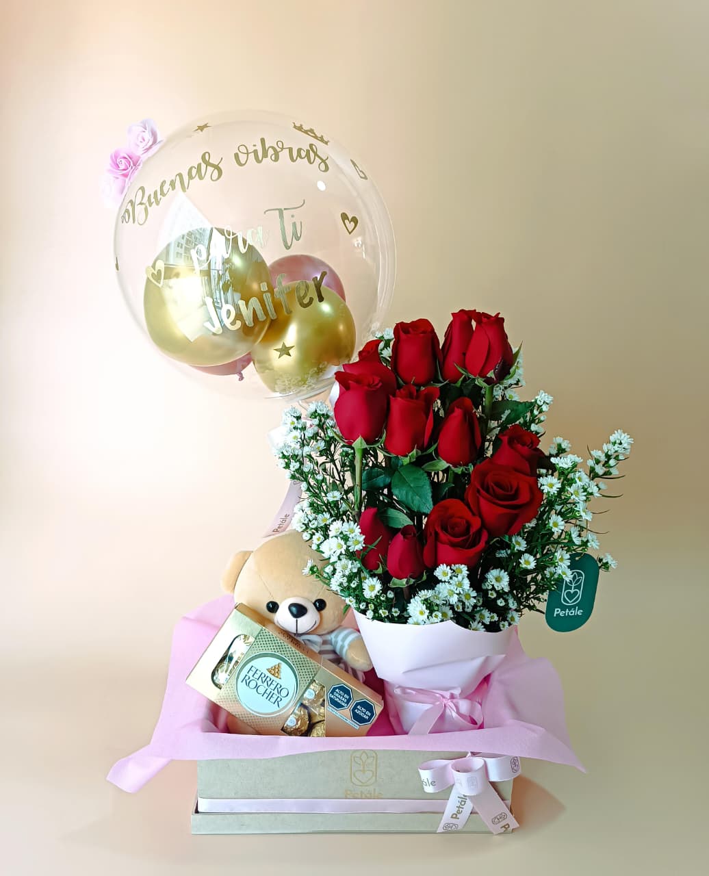 bandeja de rosas, peluche y globo Bandeja Coquette